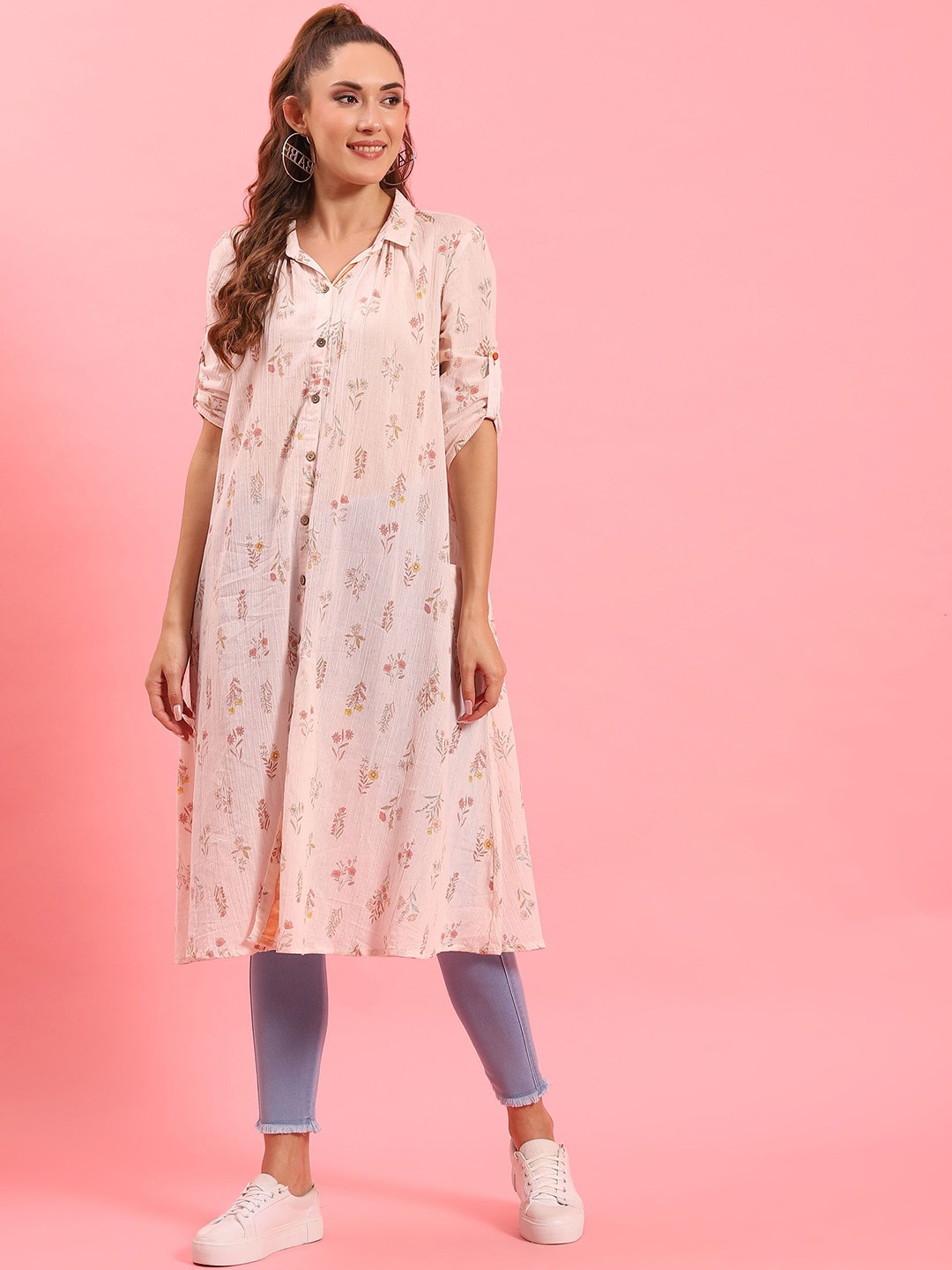 

Shree Floral Printed Shirt Collar Cotton A Line Kurta, Pink