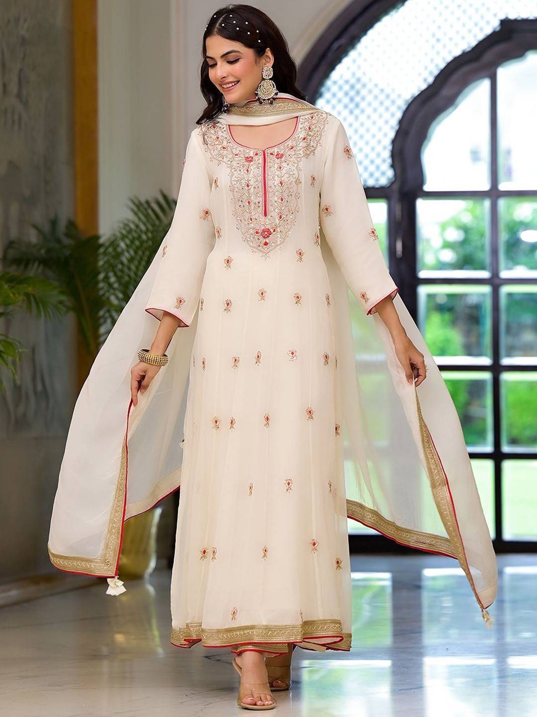

Chandbaali Floral Embroidered Zardozi Georgette Anarkali Kurta With Trouser & Dupatta, Off white