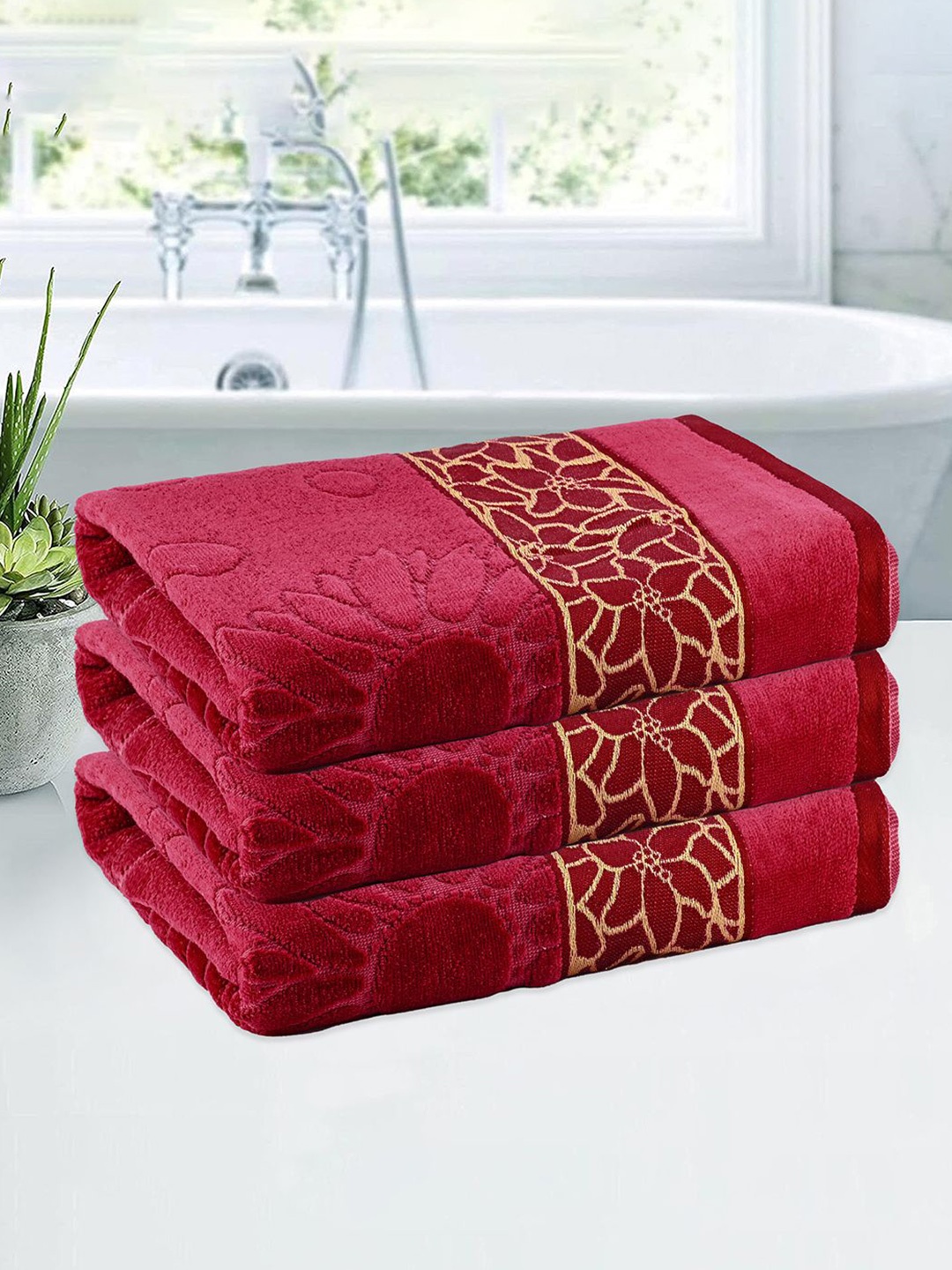 

Kuber Industries Maroon & Yellow 3 Pieces Floral Textured Cotton 450 GSM Bath Towel