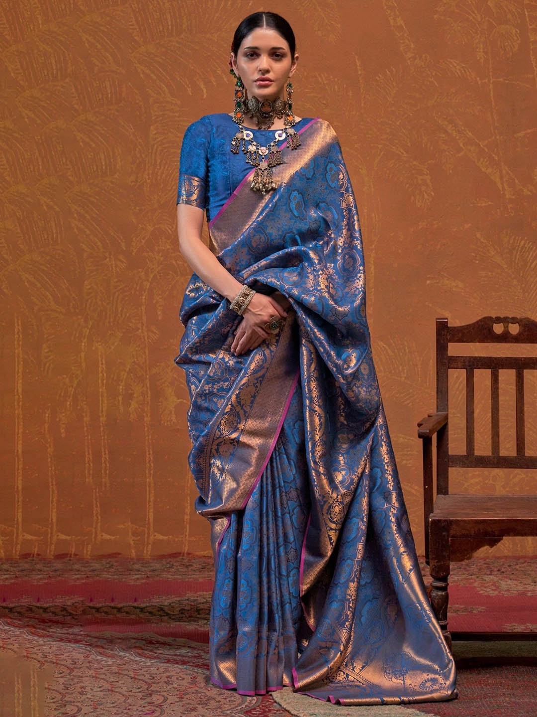 

MySilkLove Woven Design Zari Silk Blend Kanjeevaram Saree, Blue