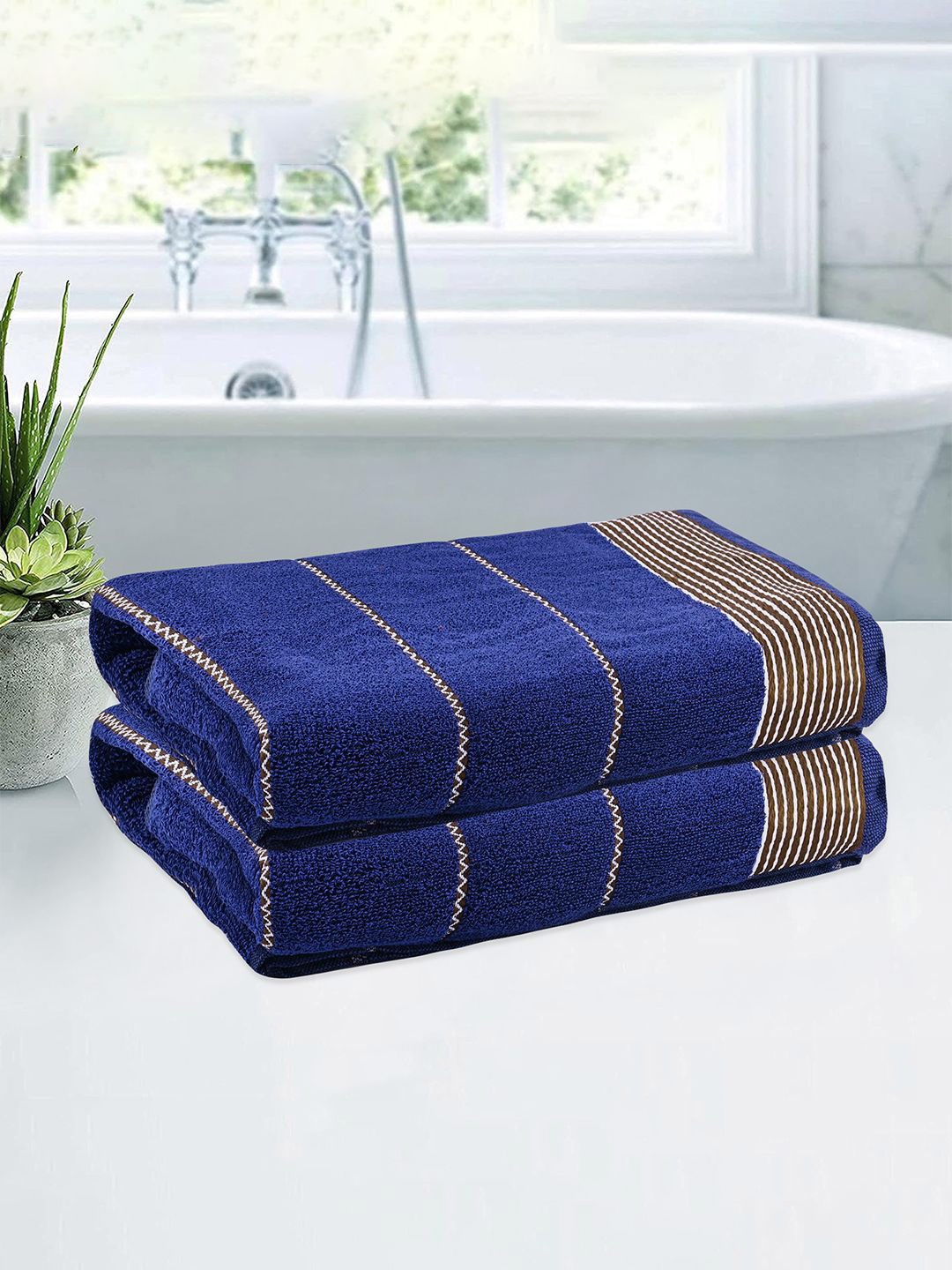 

Kuber Industries Blue & Brown 2 Pieces Striped Cotton 450 GSM Bath Towel