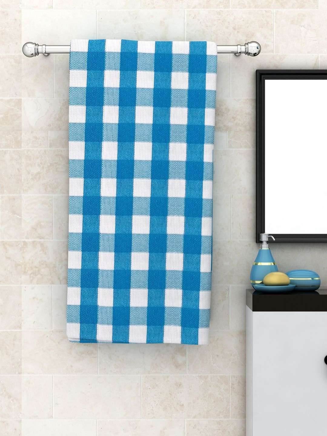 

Aura White & Blue Checked Pure Cotton 210 GSM Bath Towel