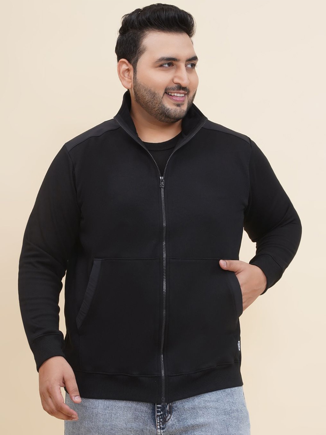 

John Pride Men Plus Size Solid Mock Collar Pure Cotton Sweatshirt, Black