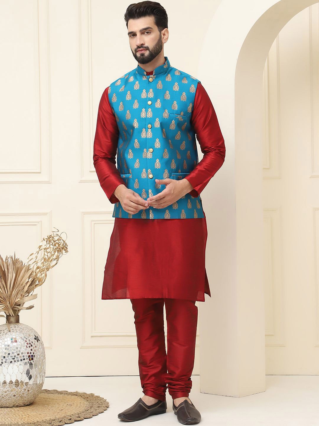 

SOJANYA Mandarin Collar Silk Cotton Kurta With Churidar & Woven Design Nehru Jacket, Maroon