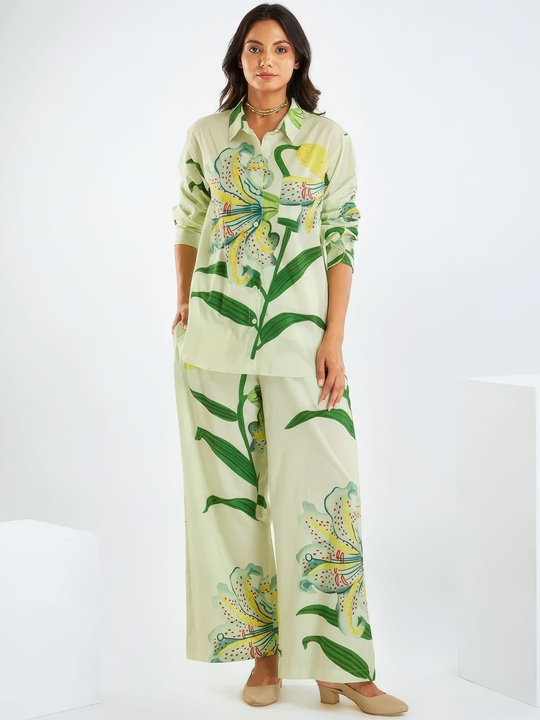 

FAB GALAXY Tropical Printed Long Sleeves Shirt & Palazzo, Lime green