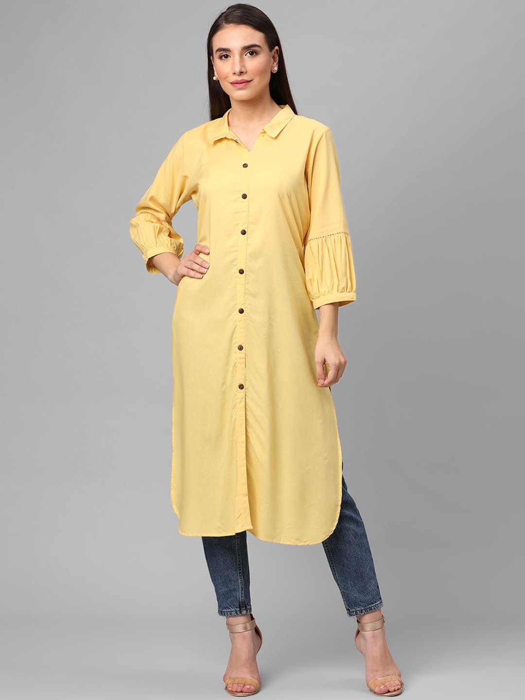 

Shree Shirt Collar Puff Sleeves Liva Straight Kurta, Yellow