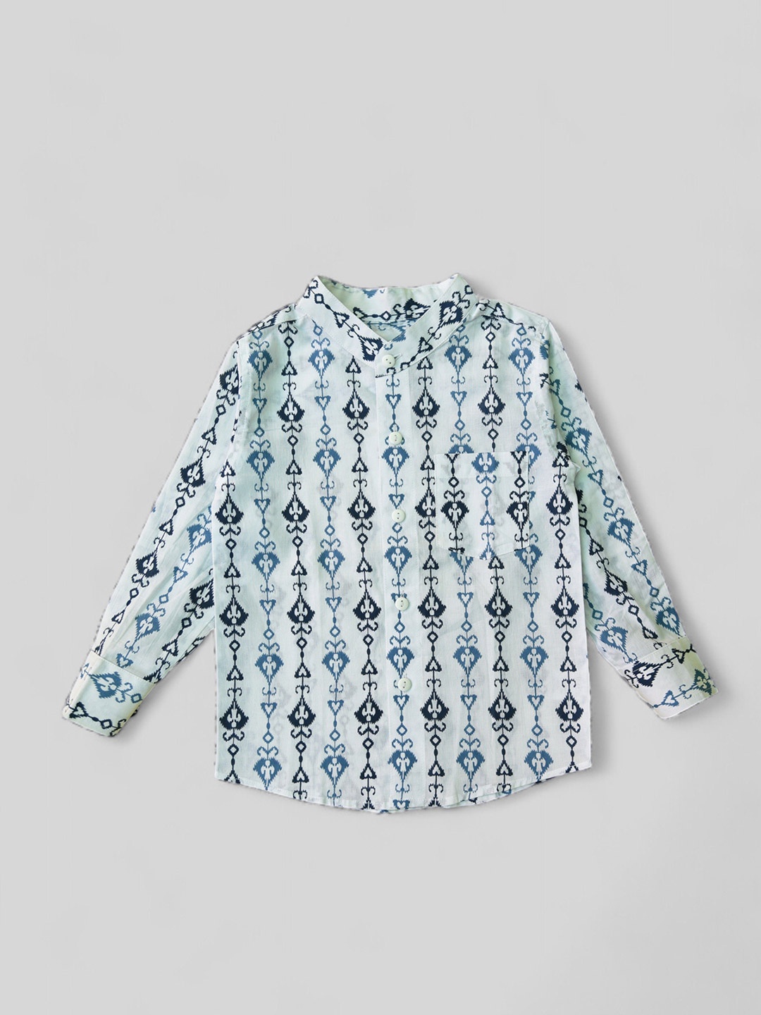 

MYZUIE Boys Band Collar Conversational Printed Cotton Casual Shirt, White