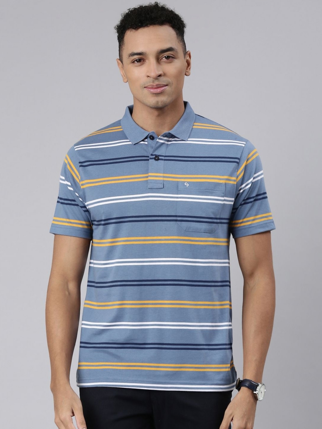 

Classic Polo Men Striped Polo Collar Cotton T-shirt, Blue