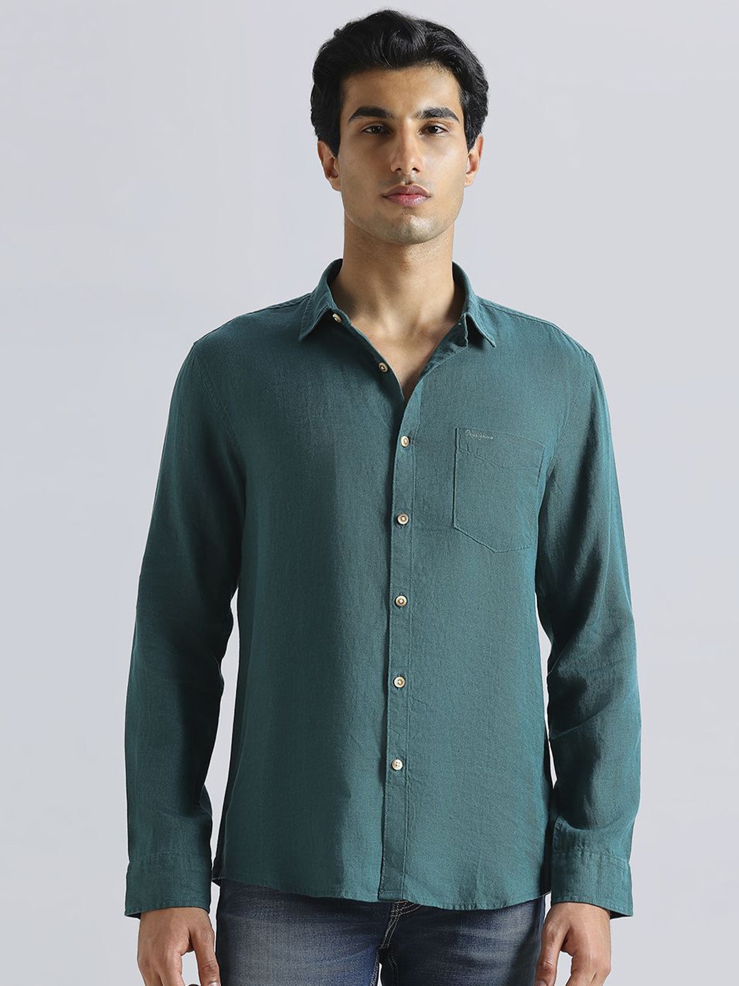 

Pepe Jeans Spread Collar Bio Wash Pure Linen Casual Shirt, Green