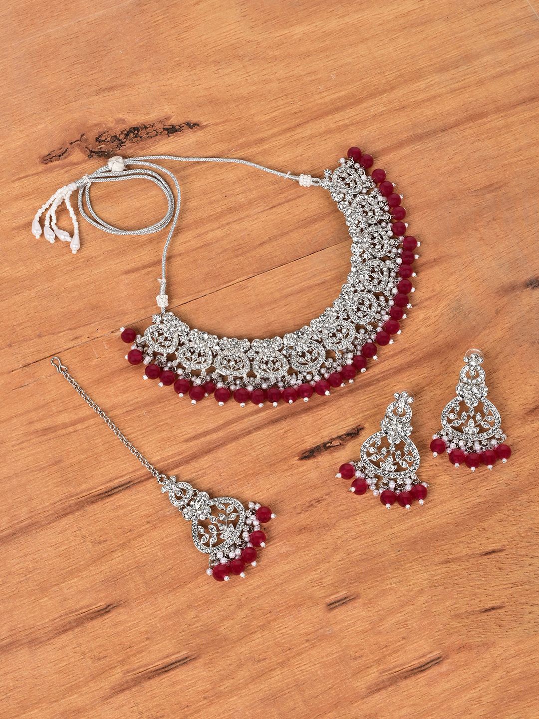 

Keviv Rhodium-Plated AD Studded Antique Jewellery Set, Silver