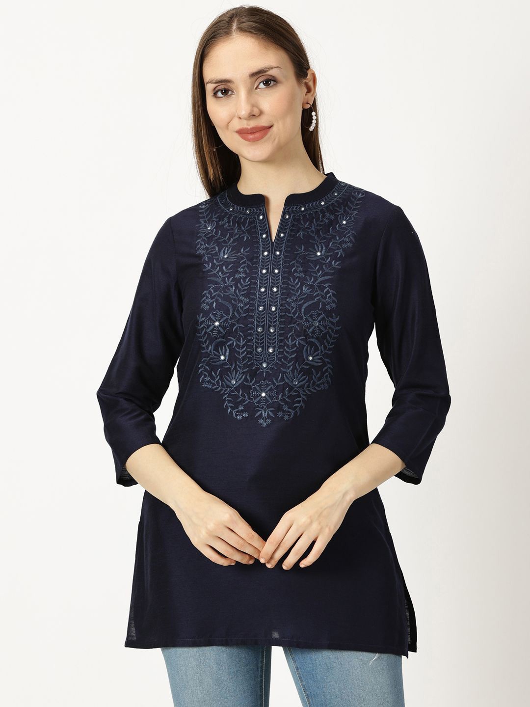 

Saffron Threads Mandarin Collar Embroidered Tunic, Navy blue