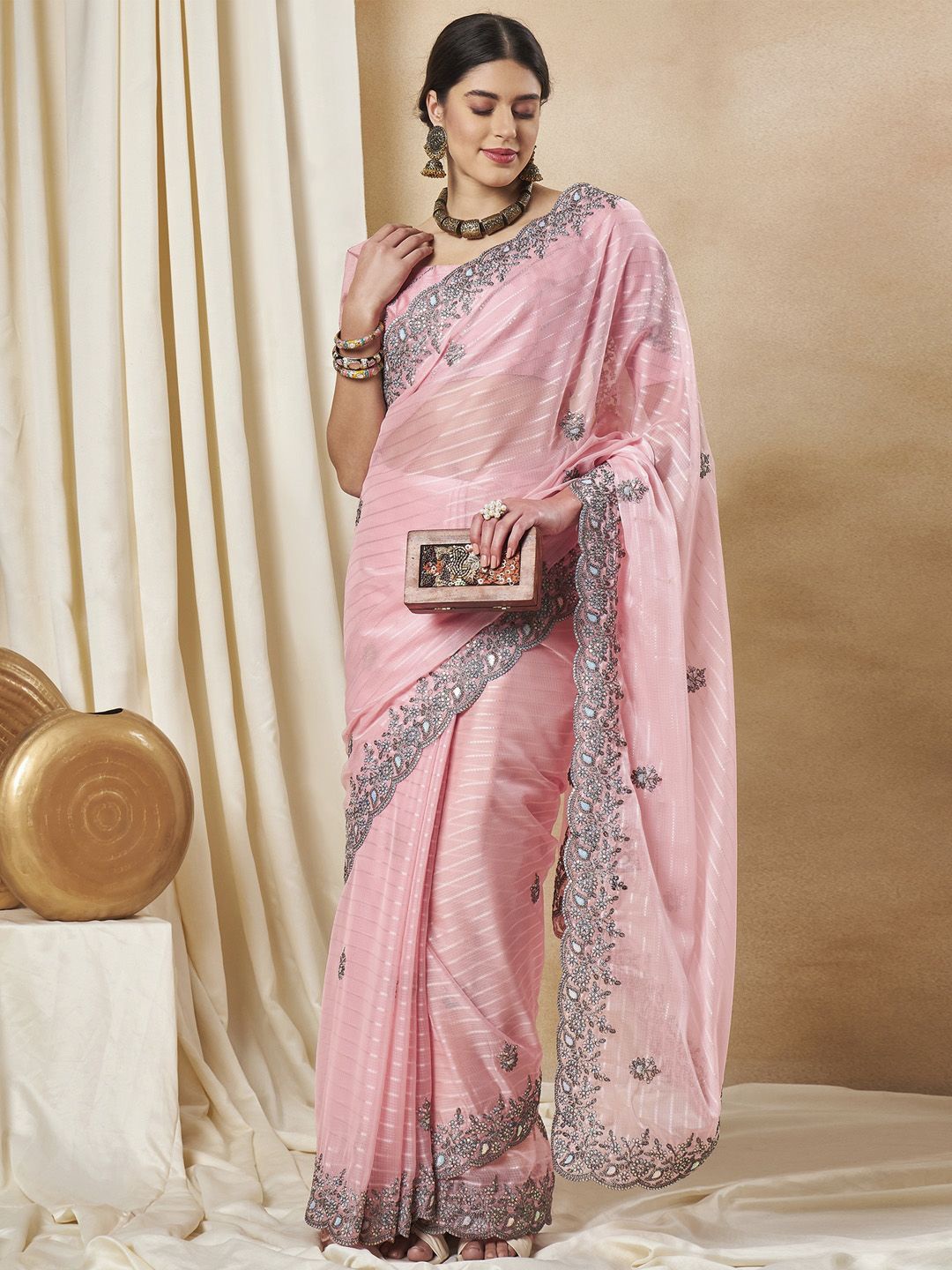 

Sangria Striped Embellished Saree, Pink