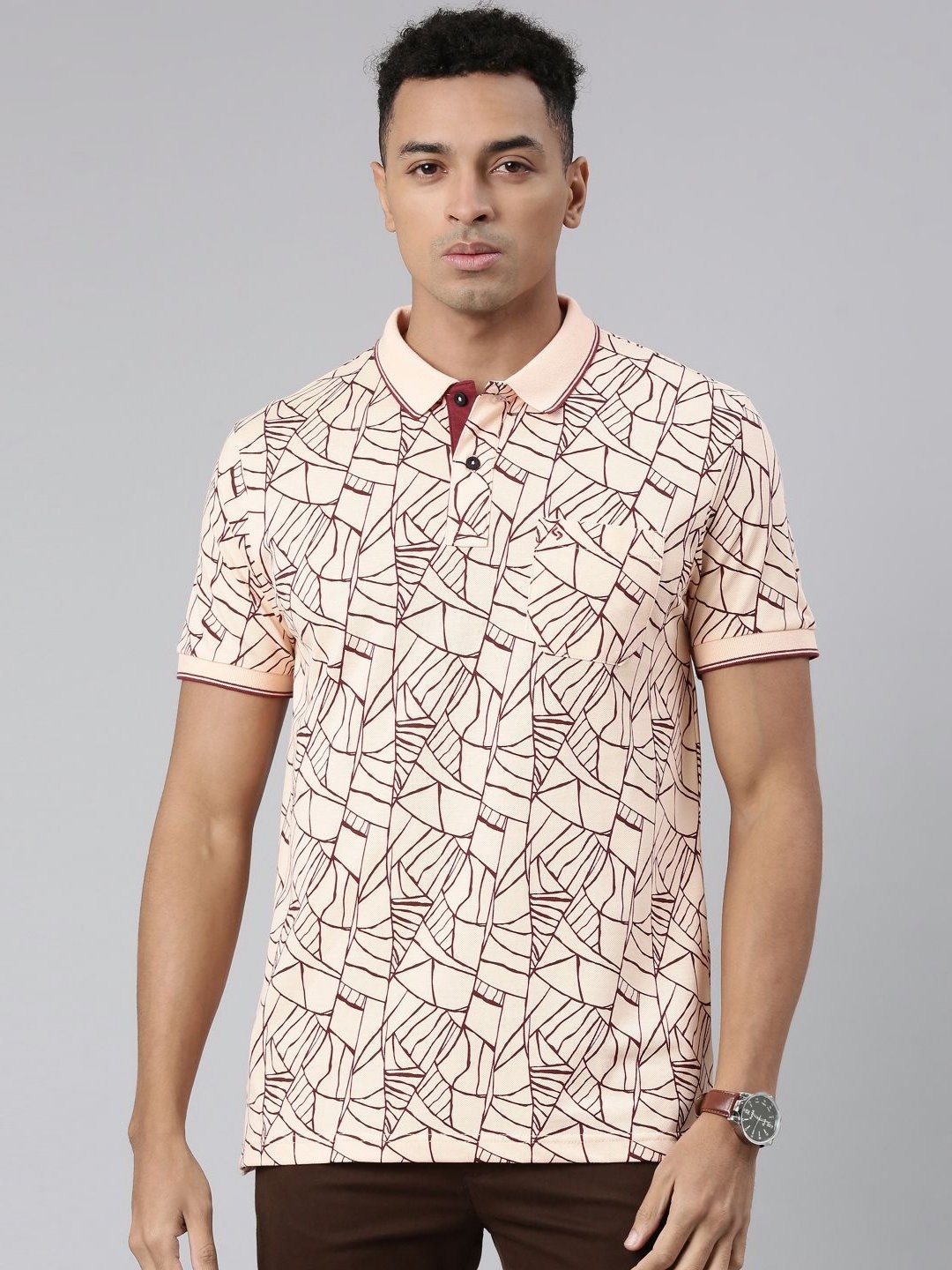 

Classic Polo Men Abstract Printed Polo Collar Cotton Slim Fit T-shirt, Orange