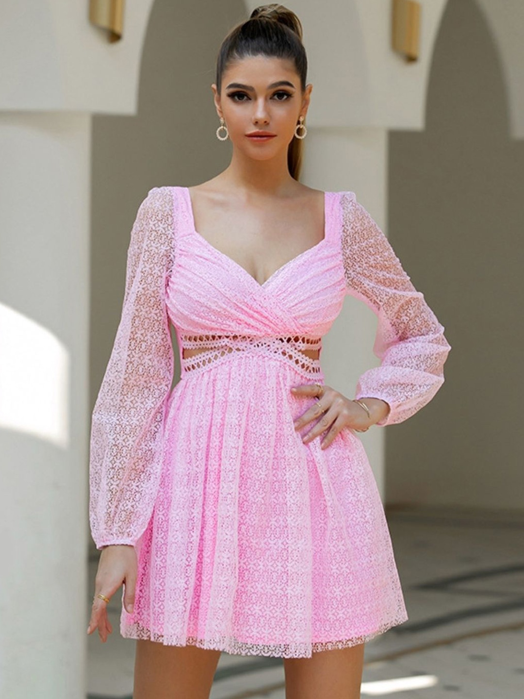 

KPOP Self Design Puff Sleeve Fit And Flare Cut-Outs Party Dress, Pink