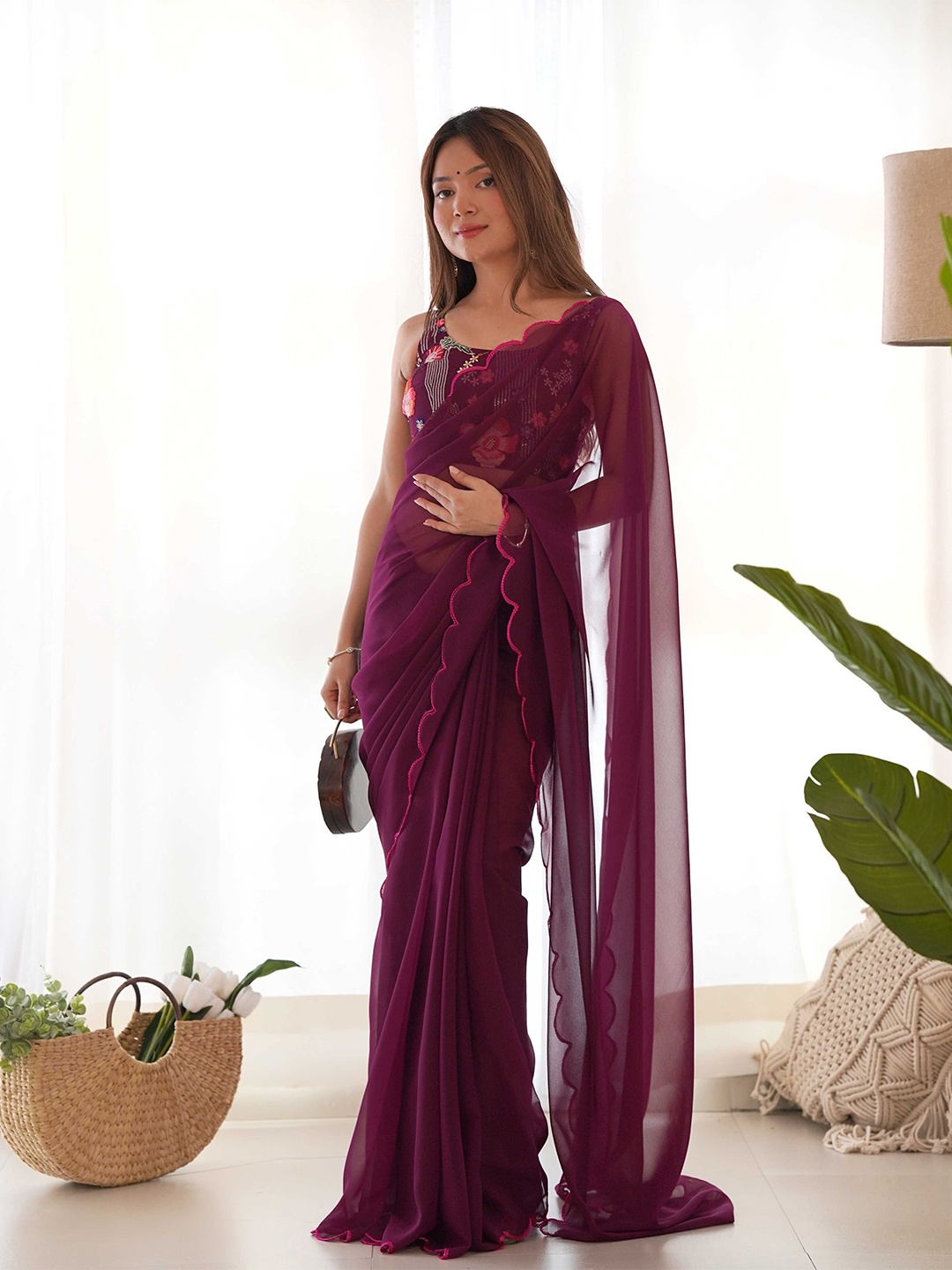 

Mitera Solid Saree With Embroidered Unstitched Blouse Piece, Purple