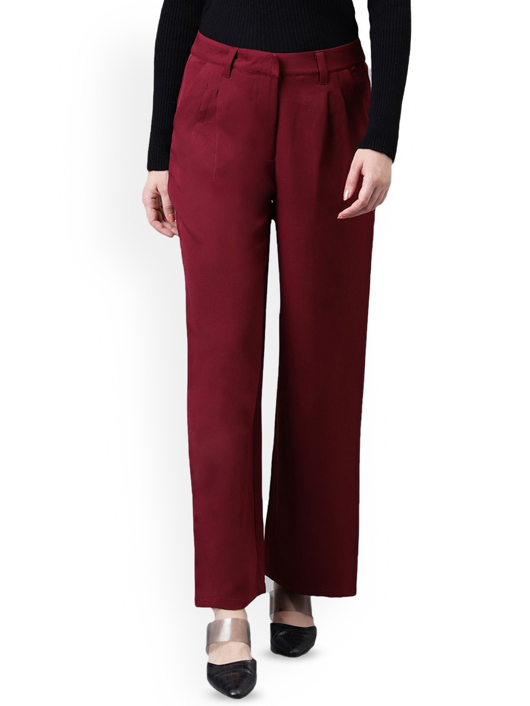 

Latin Quarters Women Straight Fit High-Rise Pleated Formal Trousers, Maroon
