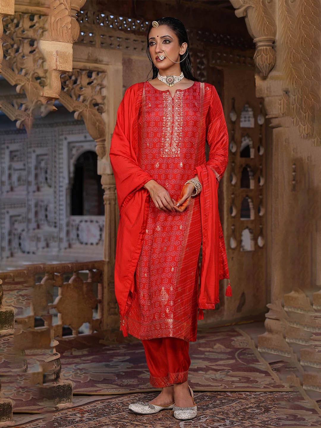 

SCAKHI Bandhani Printed Regular Beads and Stones Kurta With Trousers & Dupatta, Red