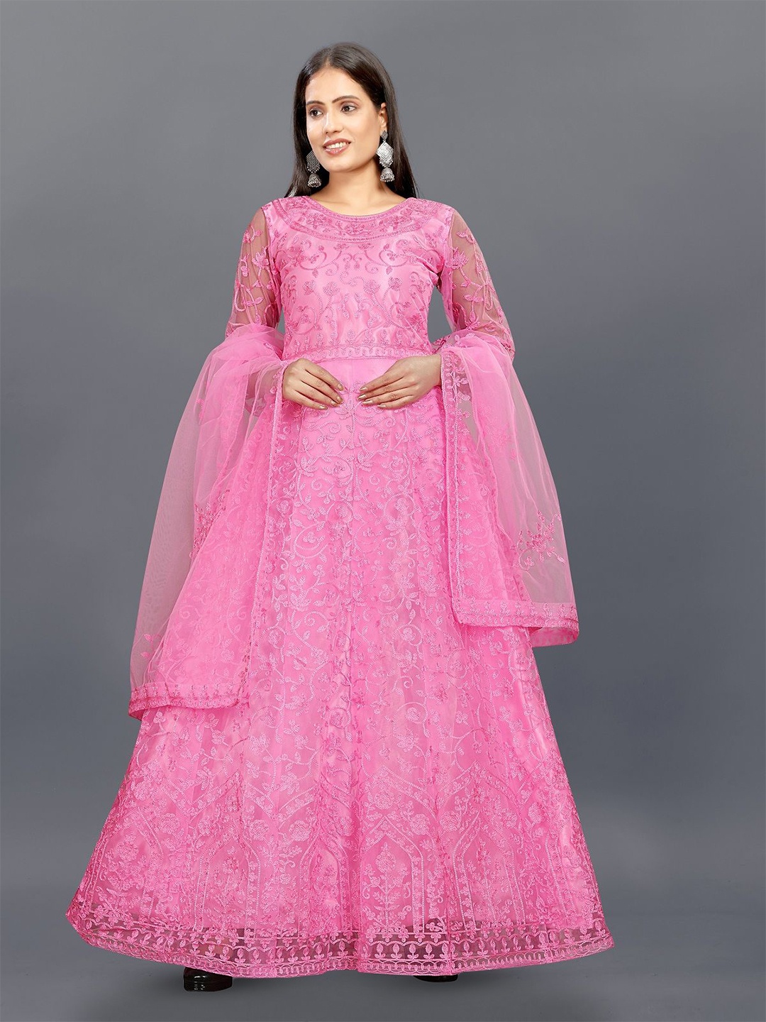 

JULEE Embroidered Net Fit & Flare Maxi Dress, Pink