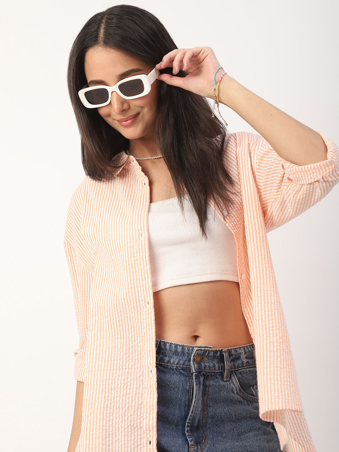 

VASTRADO Women Striped Opaque Oversized Cotton Casual Shirt, Peach