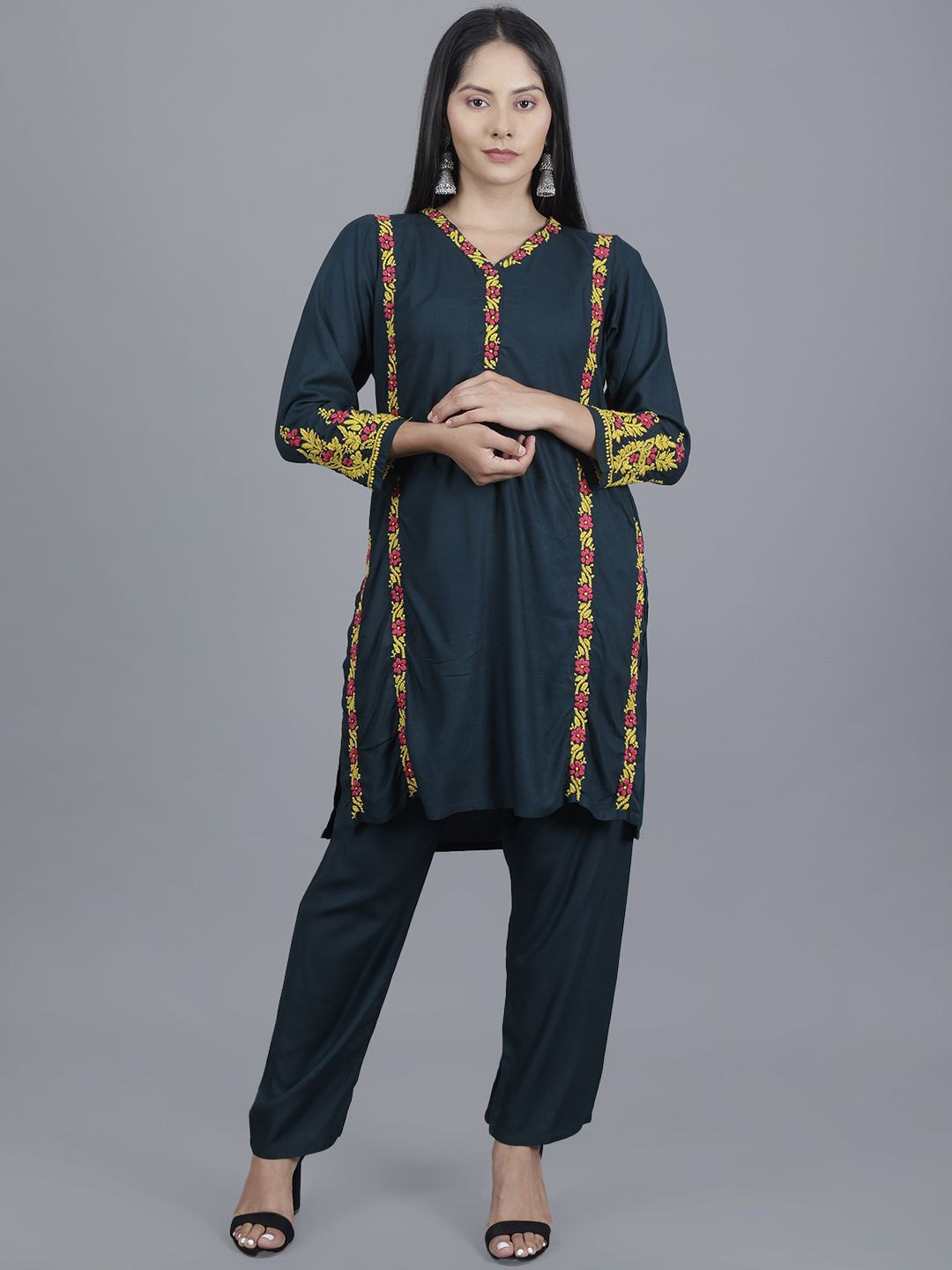 

Rosecloud Women Embroidered Regular Pure Cotton Kurta with Palazzos, Black