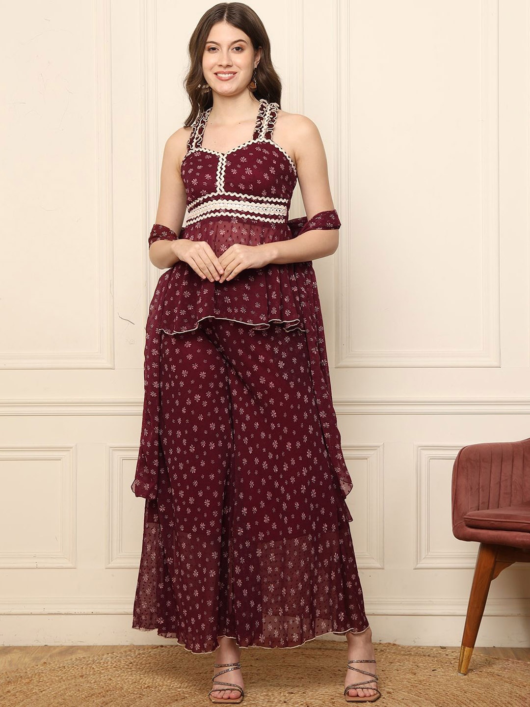 

DEEBACO Floral Printed Sleeveless Top With Palazzo, Maroon