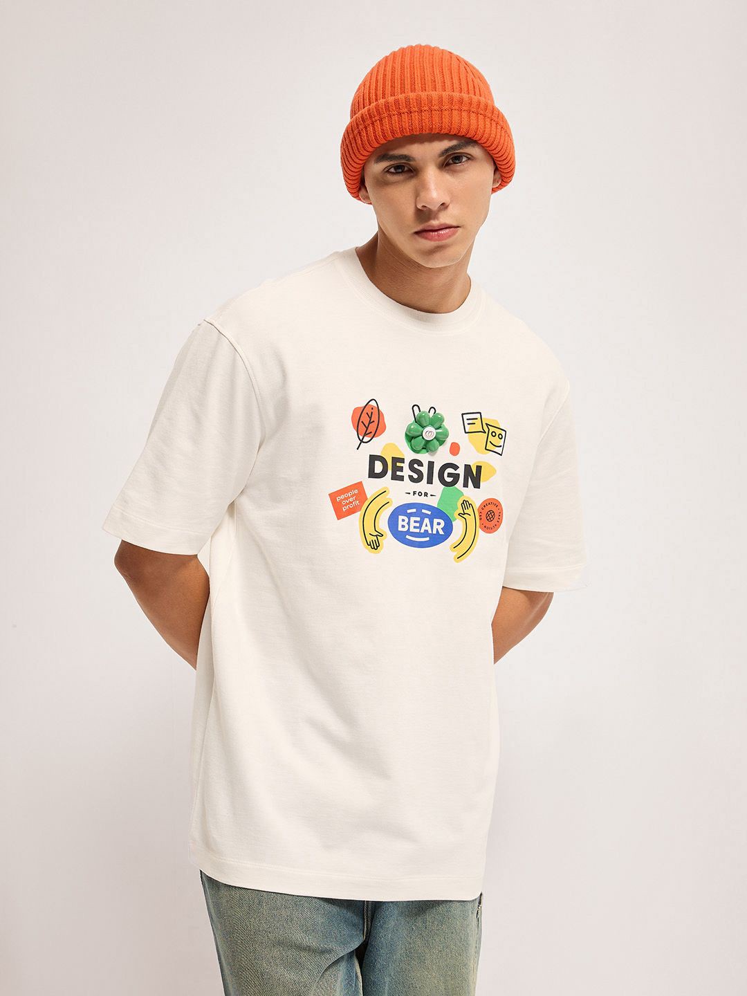 

THE BEAR HOUSE Men Graphic Printed Round Neck Cotton Oversized T-shirt, White