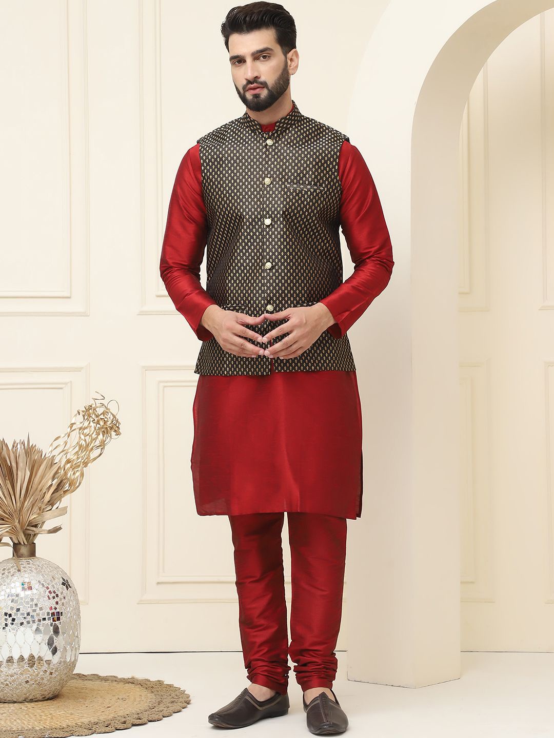 

SOJANYA Mandarin Collar Silk Cotton Kurta With Churidar & Woven Design Nehru Jacket, Maroon