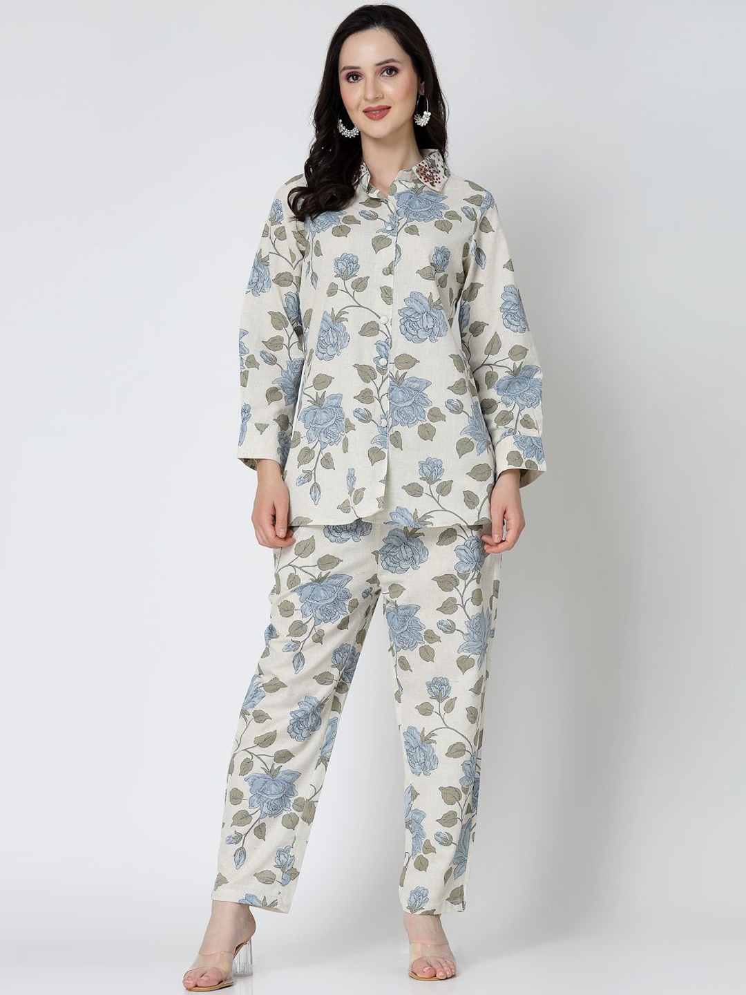 

Benaaz Printed Pure Cotton Shirt & Trousers, Blue