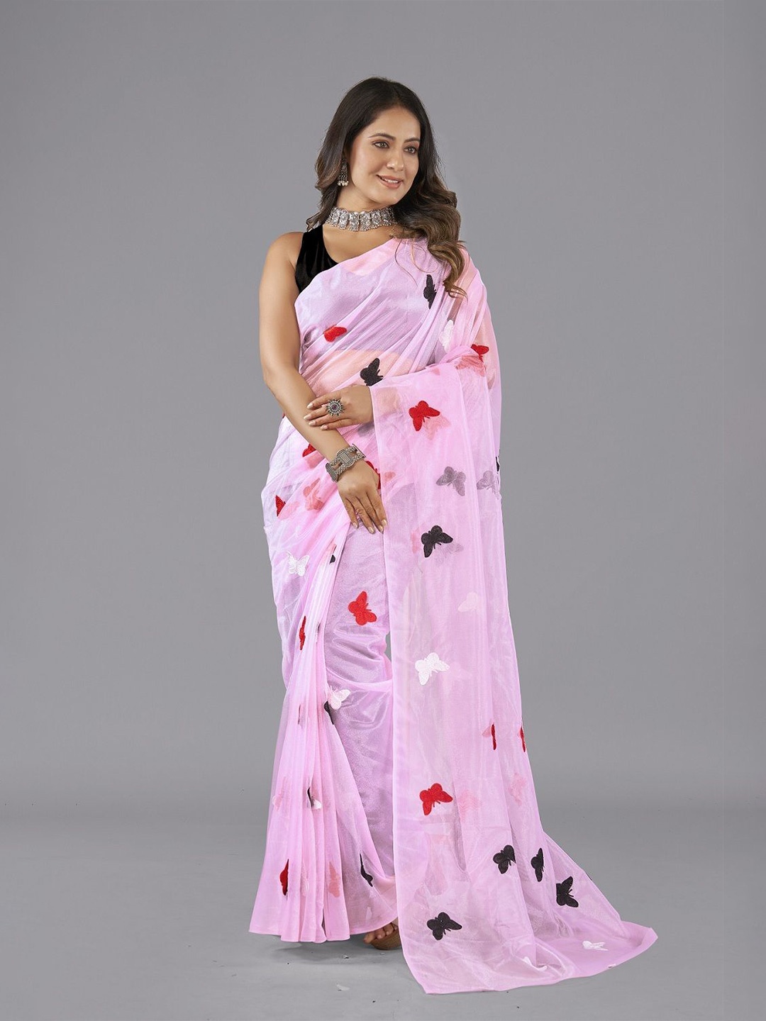

LADY SHOPI Ethnic Motifs Embroidered Net Saree, Pink
