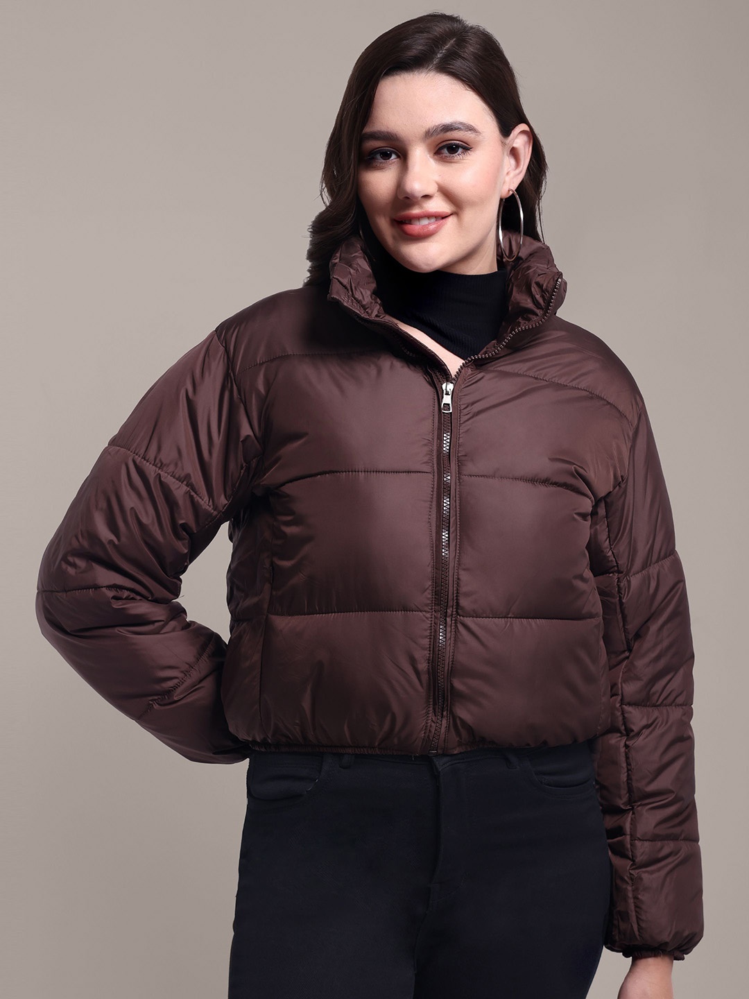 

iki chic Women Water Resistant Crop Puffer Jacket, Brown