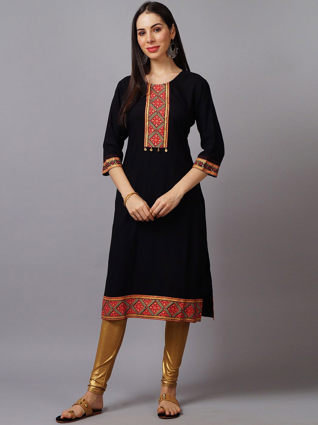 

Shree Geometric Yoke Design Mirror Work Liva Straight Kurta, Black