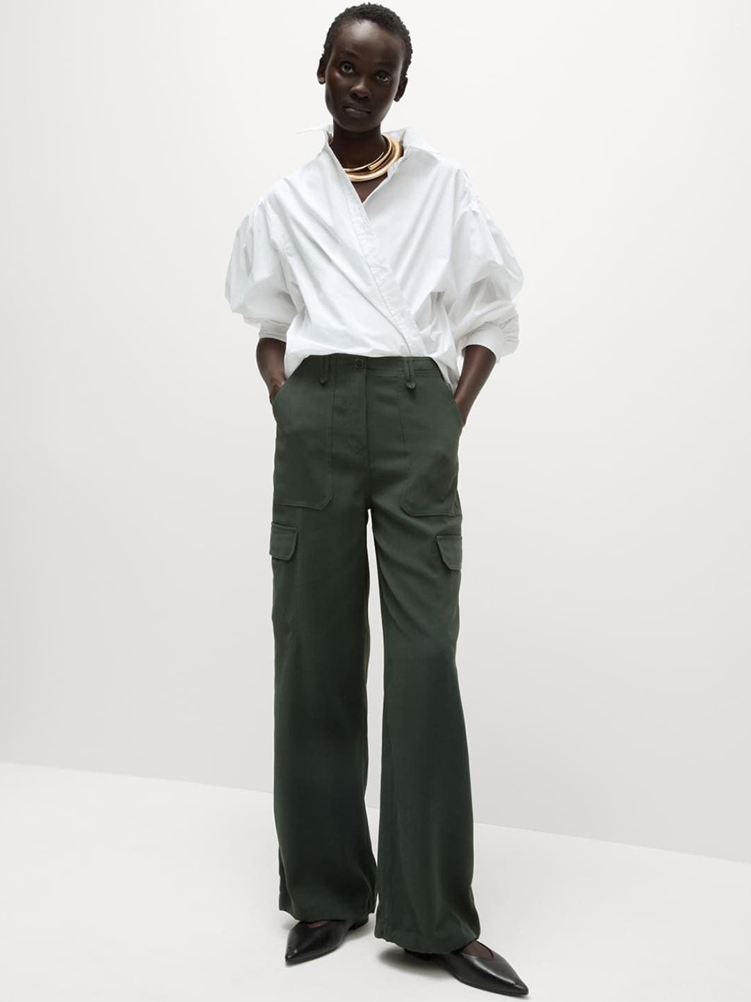 

Marks & Spencer Women Solid Flared High-Rise Cargos Trousers, Green