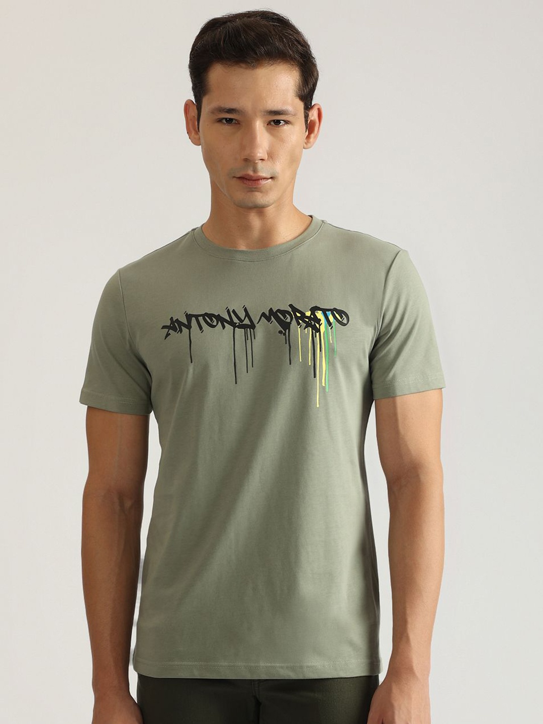 

Antony Morato Men Typography Printed Round Neck Cotton Slim Fit T-shirt, Green