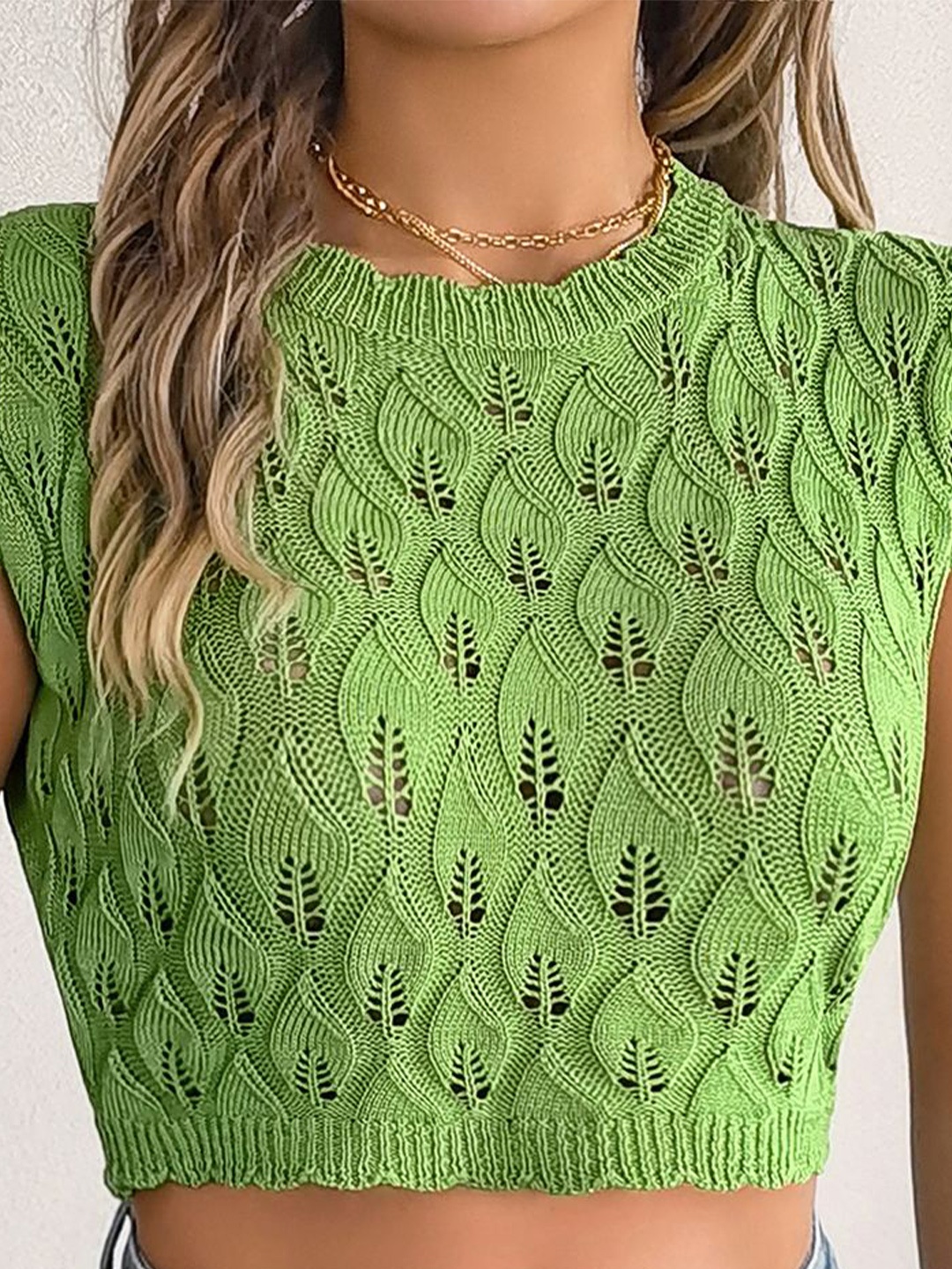 

HERE&NOW Women Self Design Round Neck Top, Green