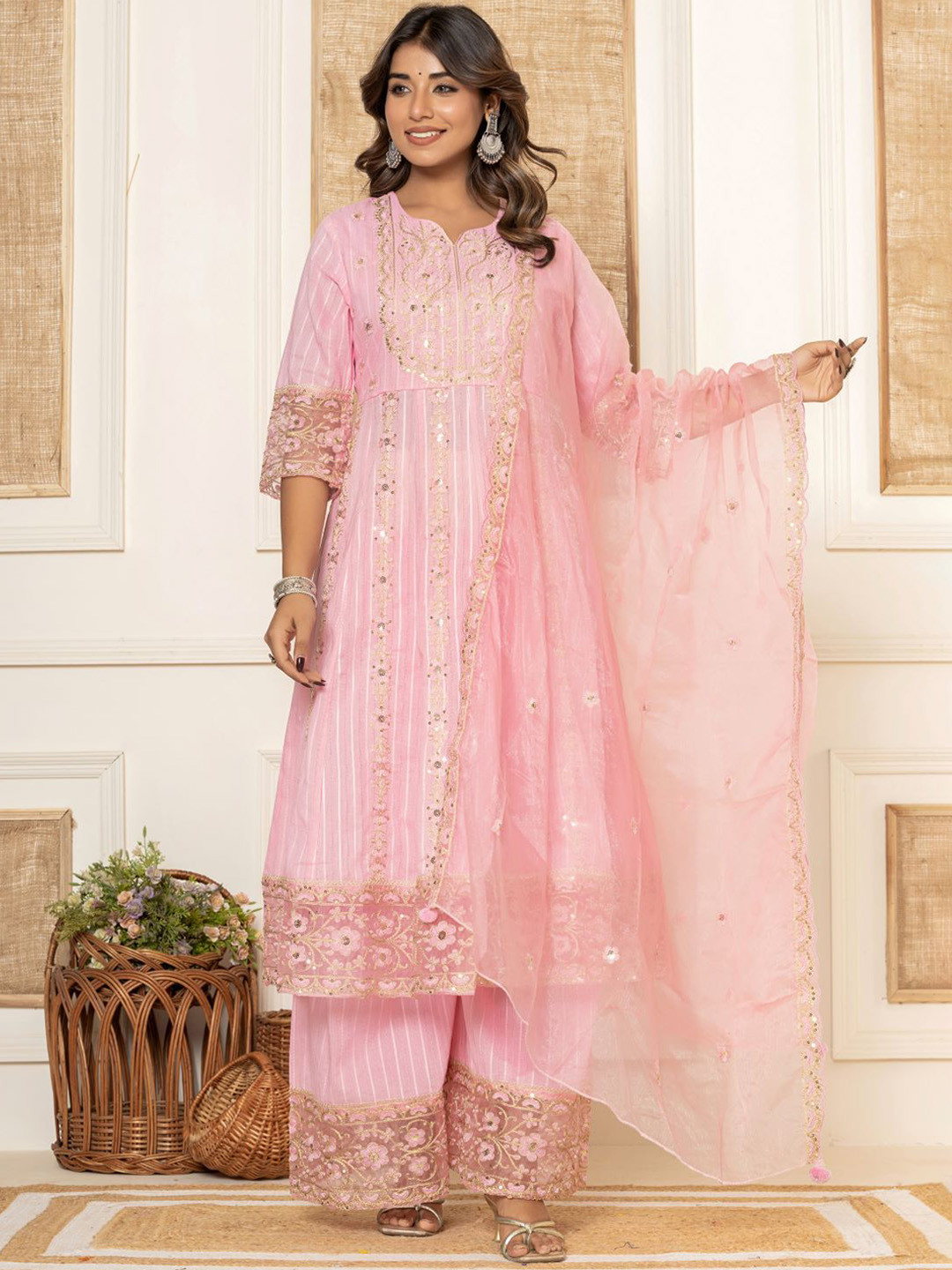 

Chandbaali Floral Embroidered Anarkali Sequinned Linen Kurta with Sharara & Dupatta, Pink