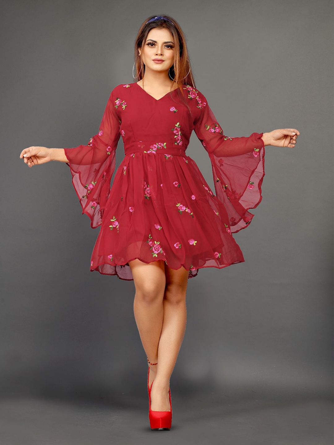 

Aika Floral Embroidered Bell Sleeve Georgette Fit & Flare Dress, Red