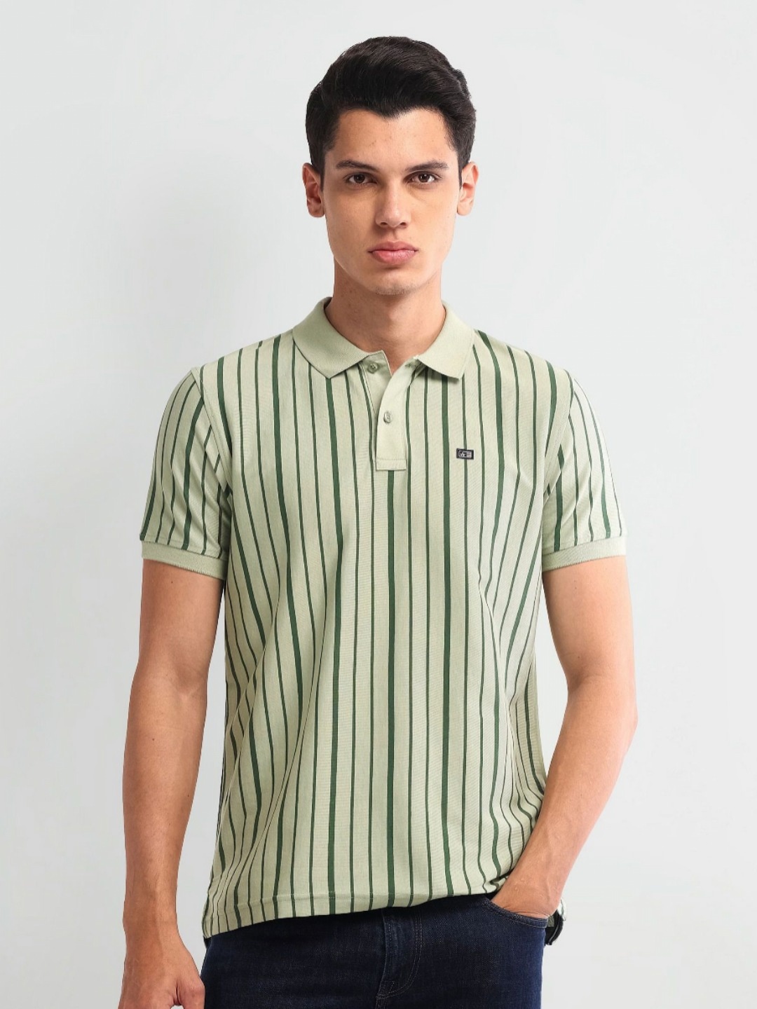 

Arrow Sport Men Striped Polo Collar Cotton T-shirt, Green
