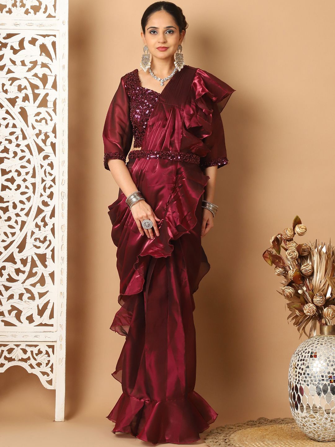 

Mitera Solid Party Ready to Wear Sequinned Saree with Stitched Blouse, Burgundy