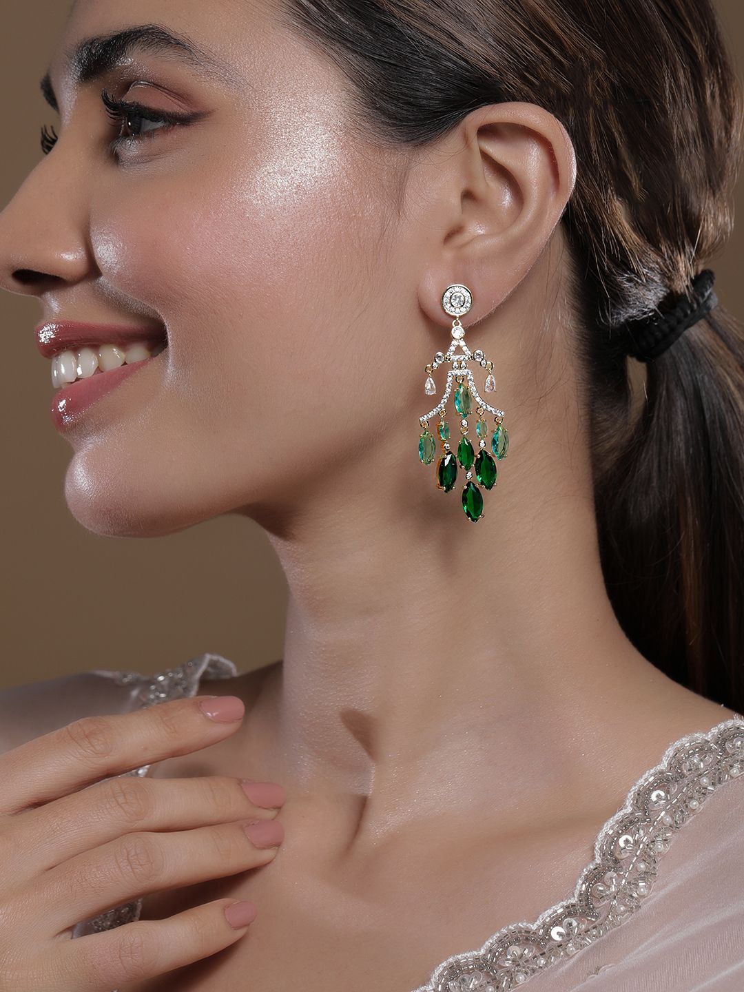 

Rubans 22K Gold-Plated Emerald & Aqua Green AD & Cubic Zirconia Studded Chandelier Earring
