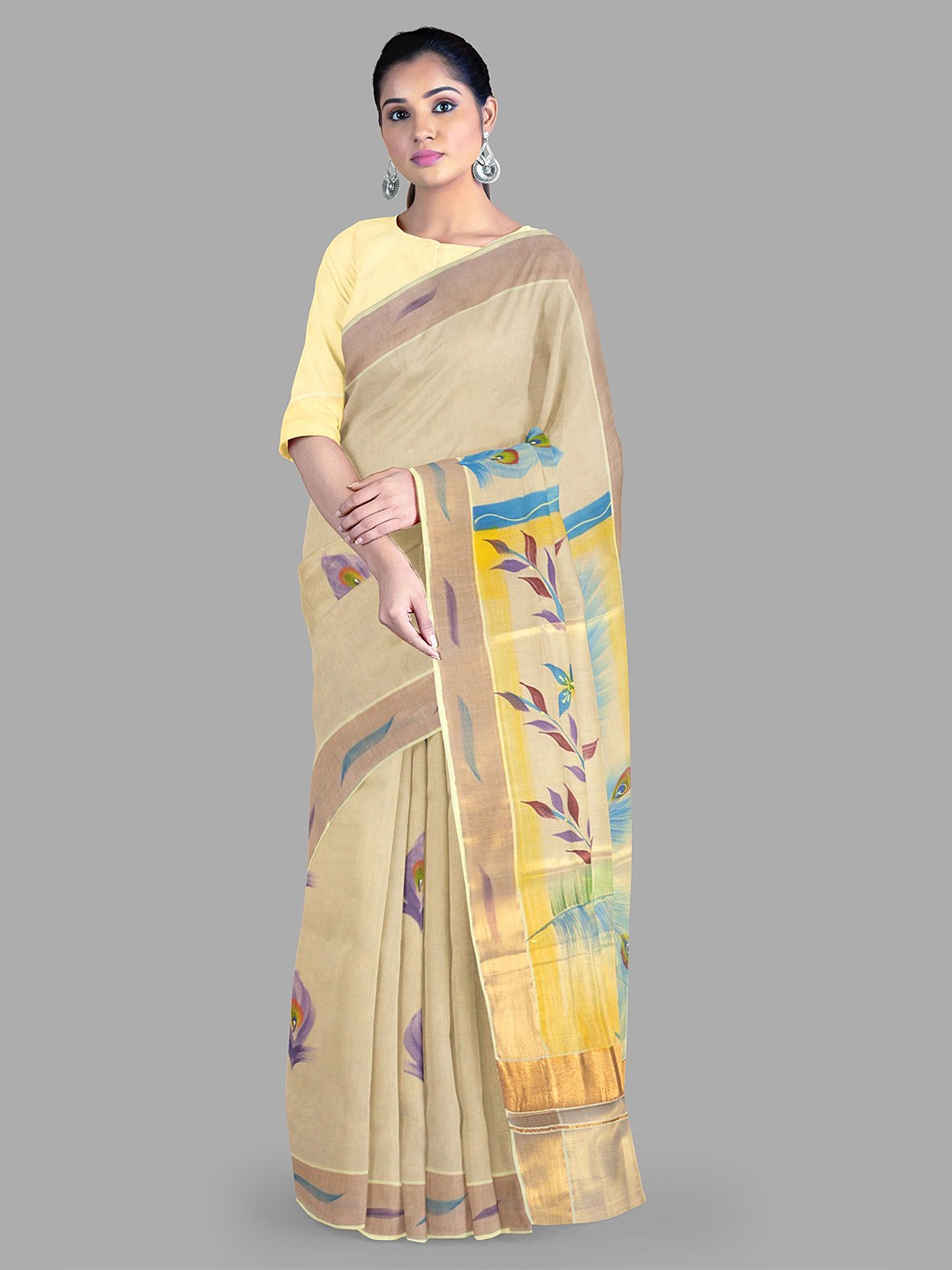 

The Chennai Silks Floral Zari Pure Cotton Kasavu Saree, Off white