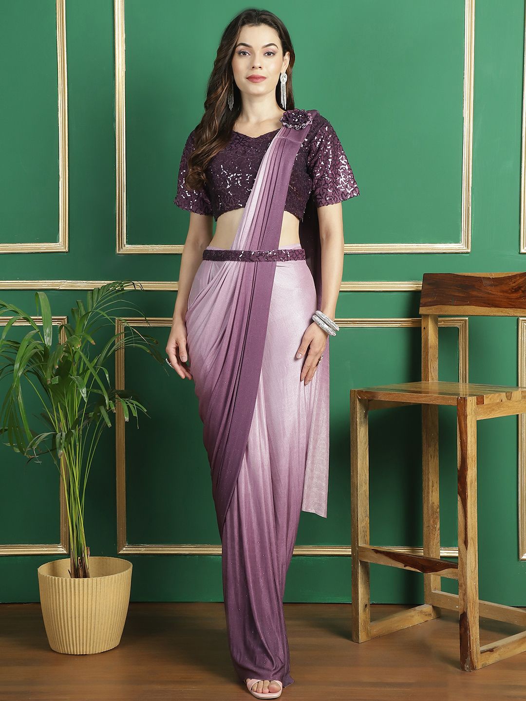 

Mitera Ombre Solid Ready to Wear Saree With Stitched Blouse, Purple