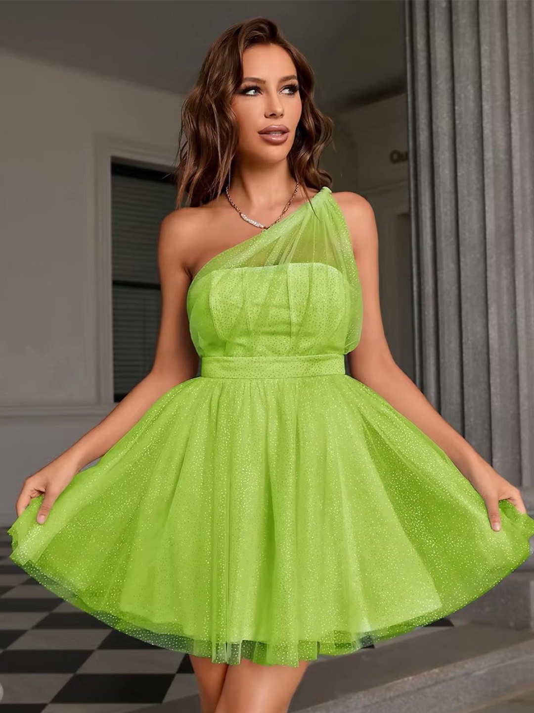 

KPOP One Shoulder A-Line Dress, Green