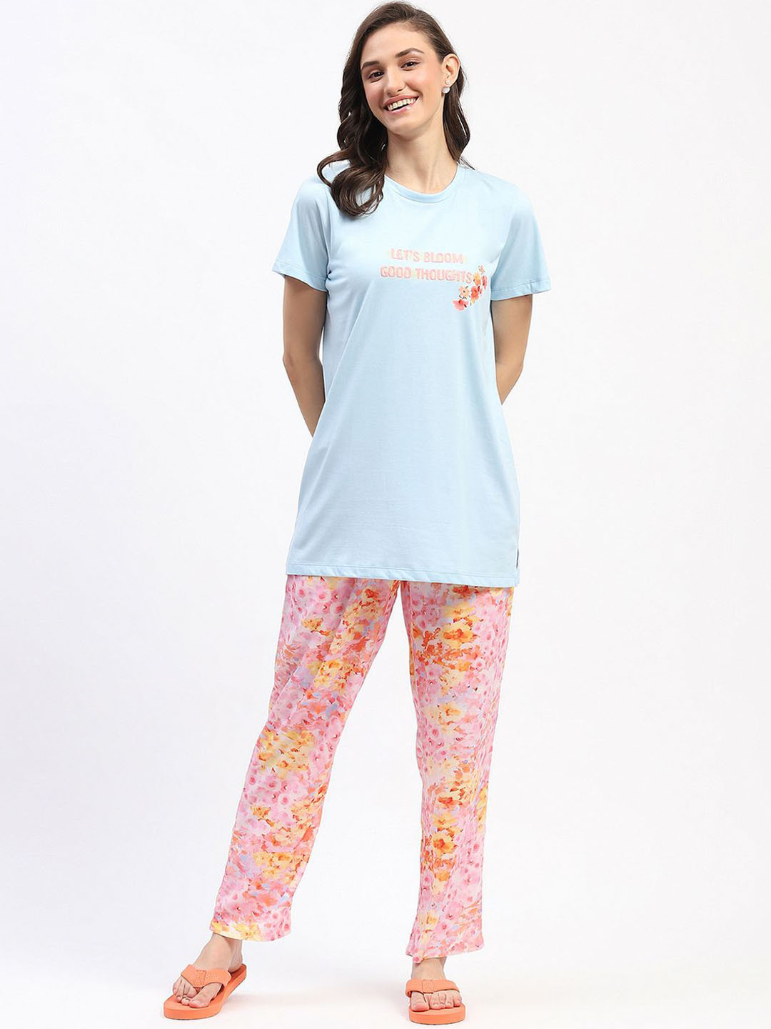 

MADAME M SECRET Women Printed Typography Printed Night suit, Blue