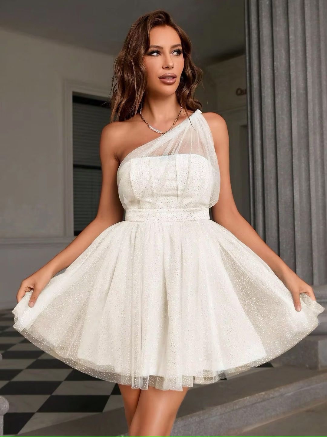 

KPOP One Shoulder Embellished Mini A-Line Dress, White