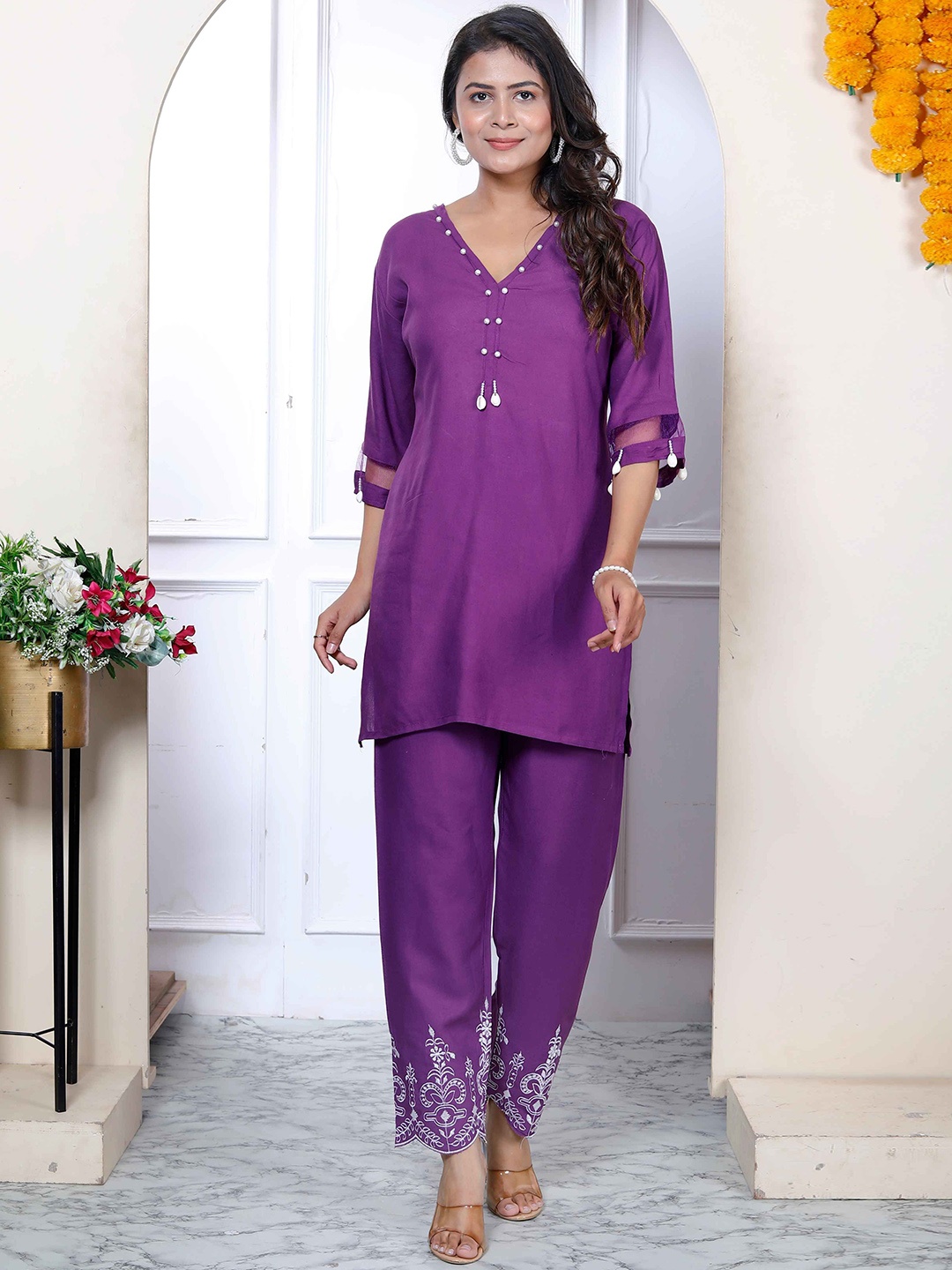 

MIRAVAN V- Neck Tunic With Trouser, Purple