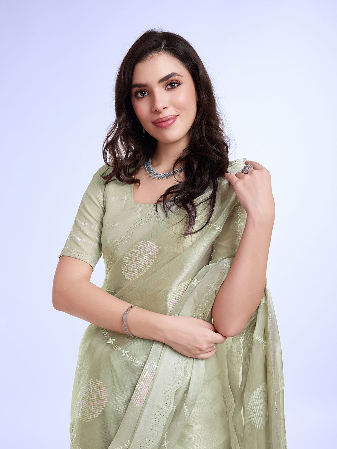 

Mitera Embellished Sequined Party Saree, Green