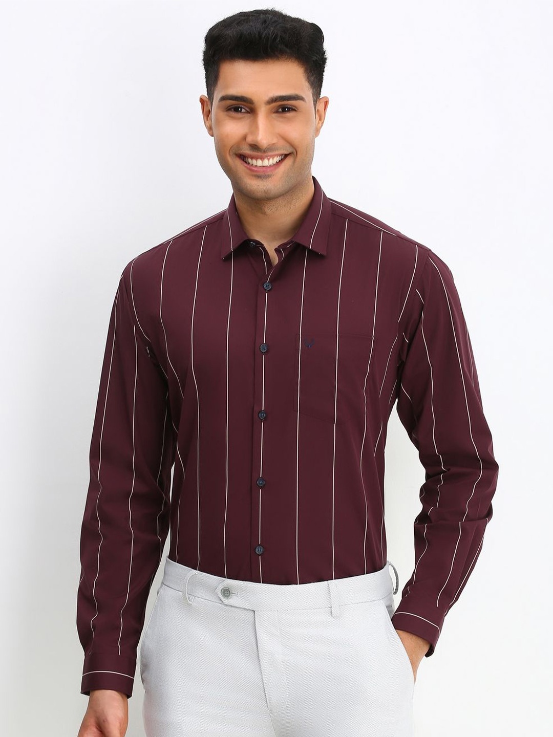 

Allen Solly Men Spread Collar Vertical Striped Cotton Slim Fit Formal Shirt, Maroon