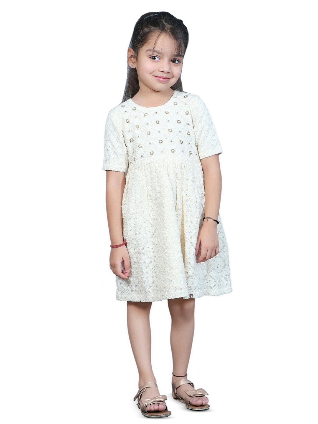 

EthIndia Girls Embellished Net A-Line Dress, Beige