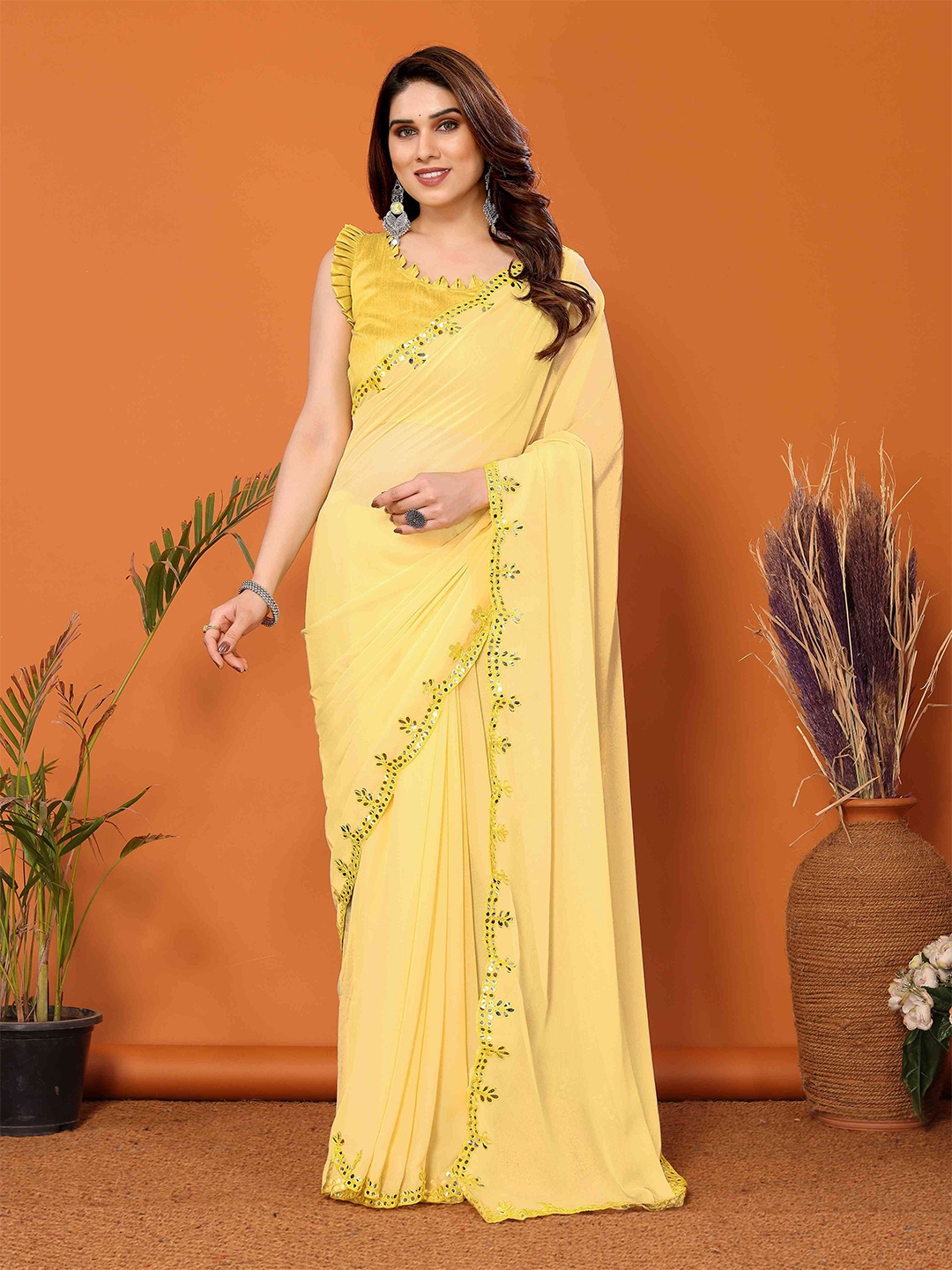 

VISHNU CREATIONS Mirror Work Solid Saree, Yellow