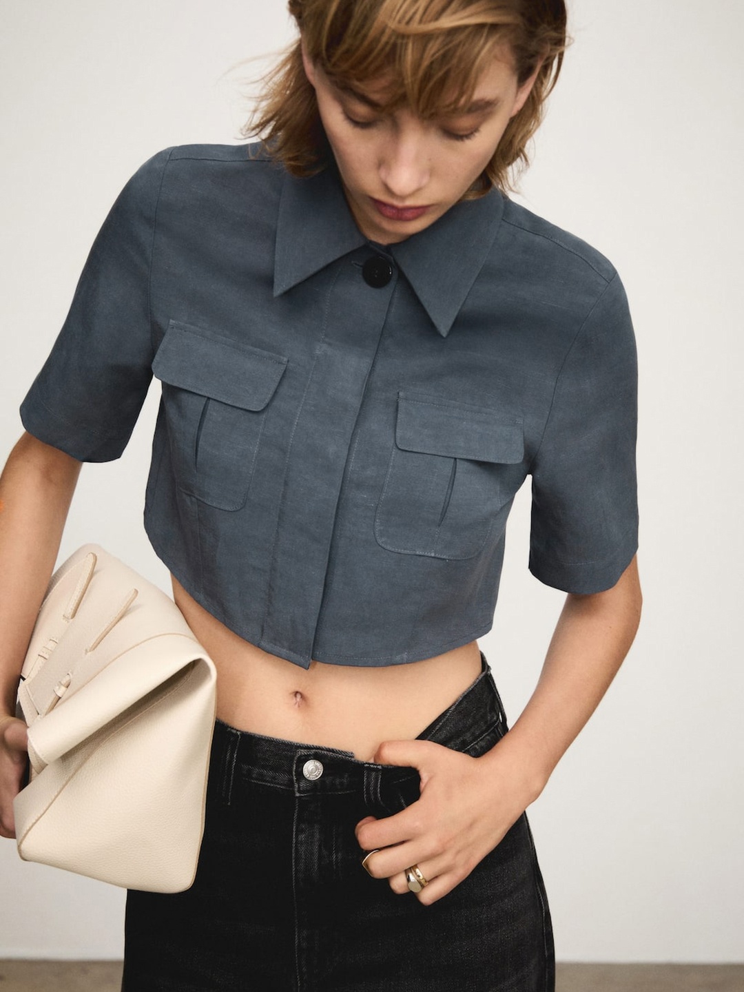 

MANGO Cargo-Pockets Shirt Style Crop Top, Navy blue